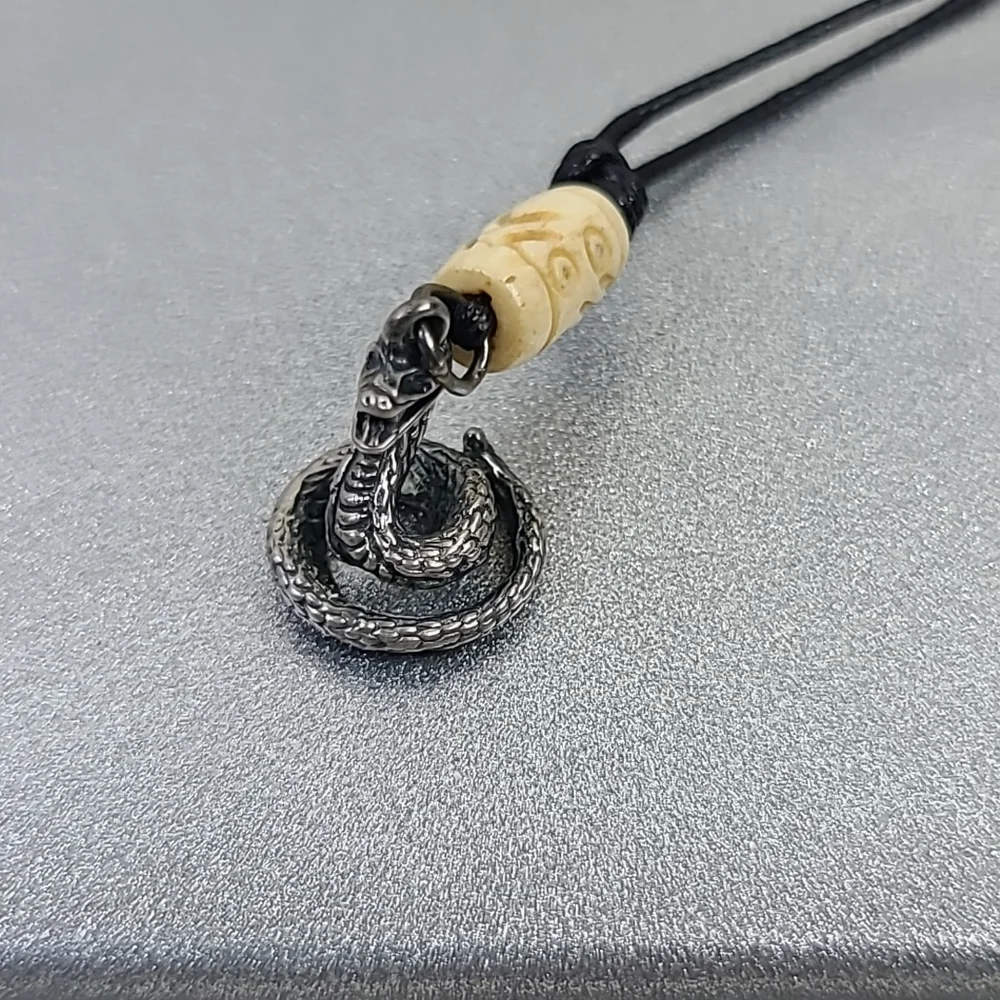 Men's Necklace Cobra Charm Sterling Silver Black Beige Eclectic Gift Handmade - Picture 3 of 5